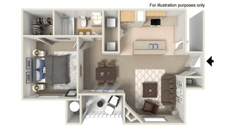 Floor plan for 1 bed, 1 bath, 809 sqft